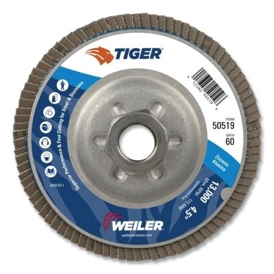 Tiger Disc Angled Style Flap Disc, 4-1/2 in dia, 60 Grit, 5/8 in-11, 13000 rpm,