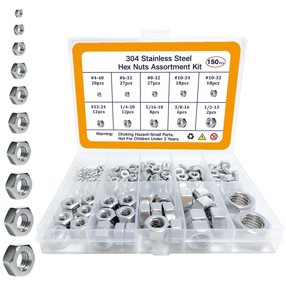 150pcs SAE Hex Nuts Assortment Kit 4#40,6#32,8#32,10#24,10#32,12#24, 1/4″-20,5/1