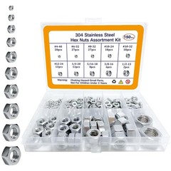 150pcs SAE Hex Nuts Assortment Kit 4#40,6#32,8#32,10#24,10#32,12#24, 1/4″-20,5/1