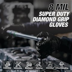 Heavy Duty Industrial Black Nitrile Gloves with Raised Diamond Texture, 8-mil