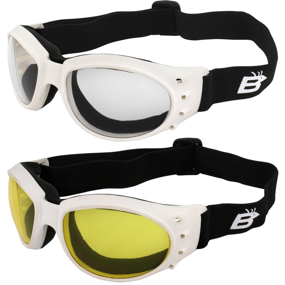 2 Birdz Eyewear Eagle Motorcycle Skydiving White Goggles Clear & Yellow Lenses