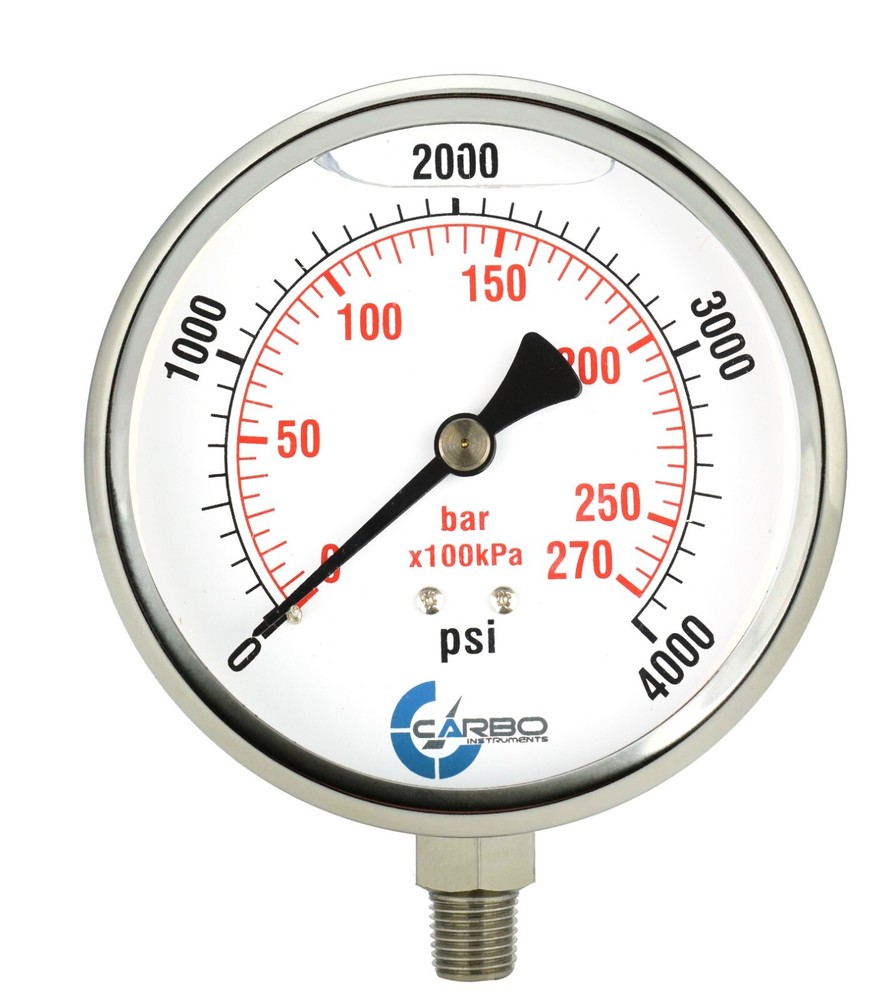 4″ Pressure Gauge, Stainless Steel Case, Liquid Filled, Lower Mnt 4000 PSI
