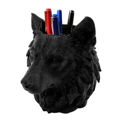 3D Printed Wolf Head Pen Holder, Black Plastic Animal Desk Stationery Organizer