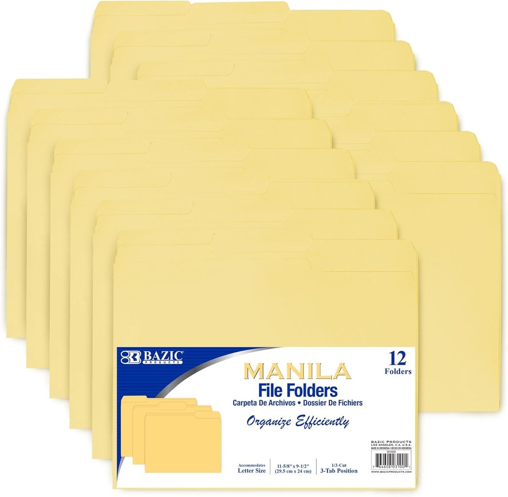 BAZIC 1/3 Cut Letter Size Manila File Folder 12 Per Pack (3100)