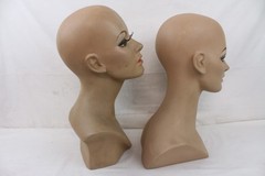 2 Vintage Fiberglass Mannequin Head Wig Painted Eyes Halloween Bust Eyelashes
