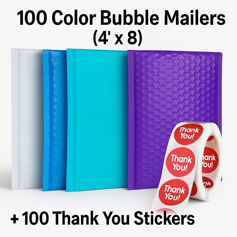 100 4×8 Color Bubble Mailers White Blue Teal Purple + 100 Thank You Stickers
