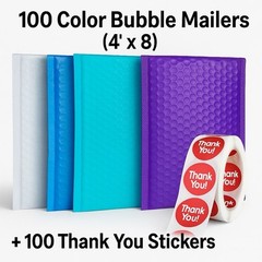 100 4×8 Color Bubble Mailers White Blue Teal Purple + 100 Thank You Stickers