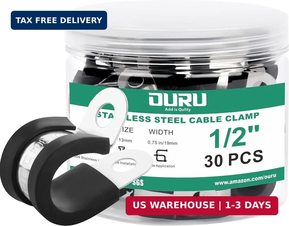 OURU 1/2-Inch Stainless Steel Rubber Coated Pipe & Wire Clamps (30pcs, Black, 13