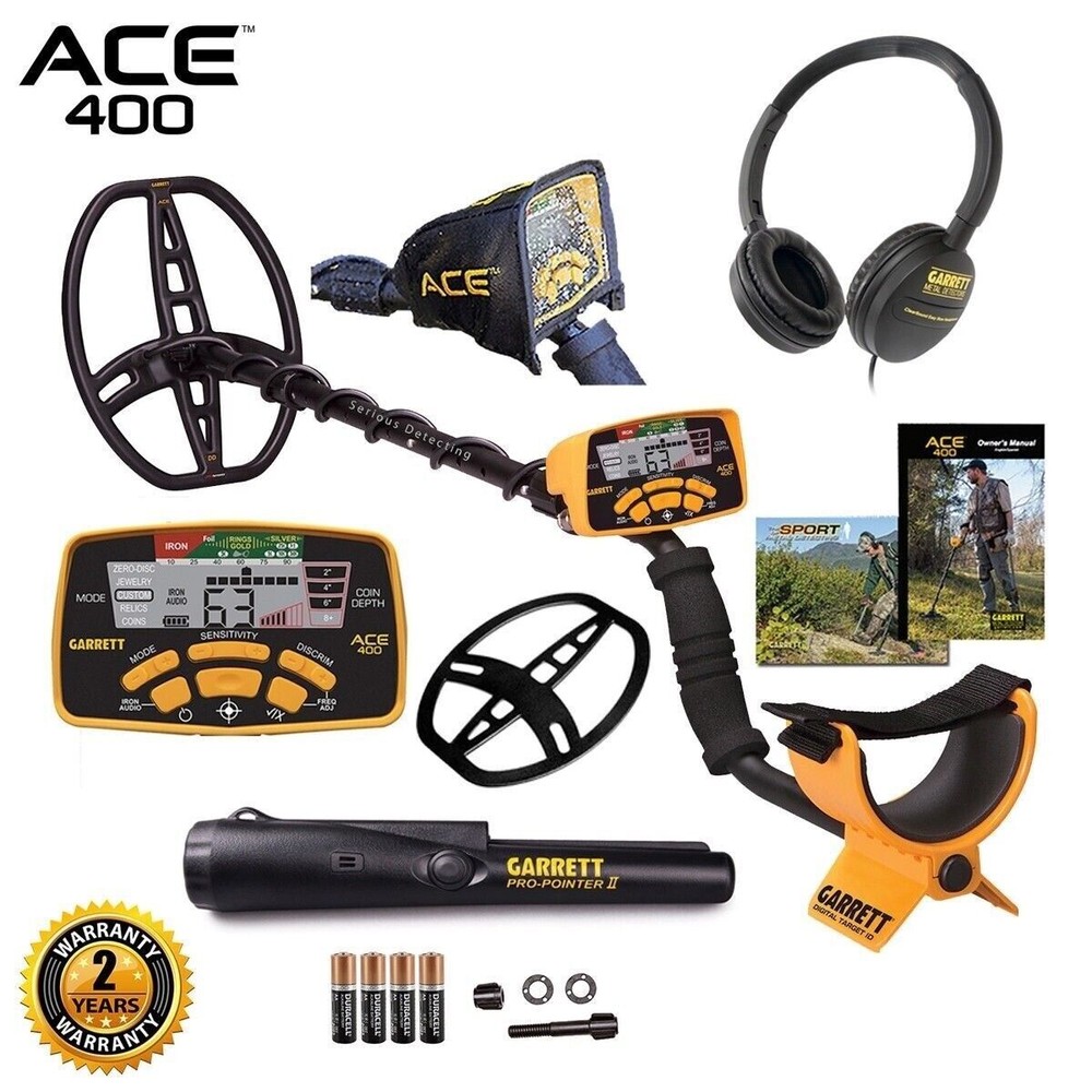 Garrett ACE 400 Metal Detector, Pro Pointer II Pinpointer, Coil, and Accessories