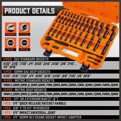 56PC 1/4″ Drive Shallow & Deep 6-Point Socket Set Extension Bar Universal Joint