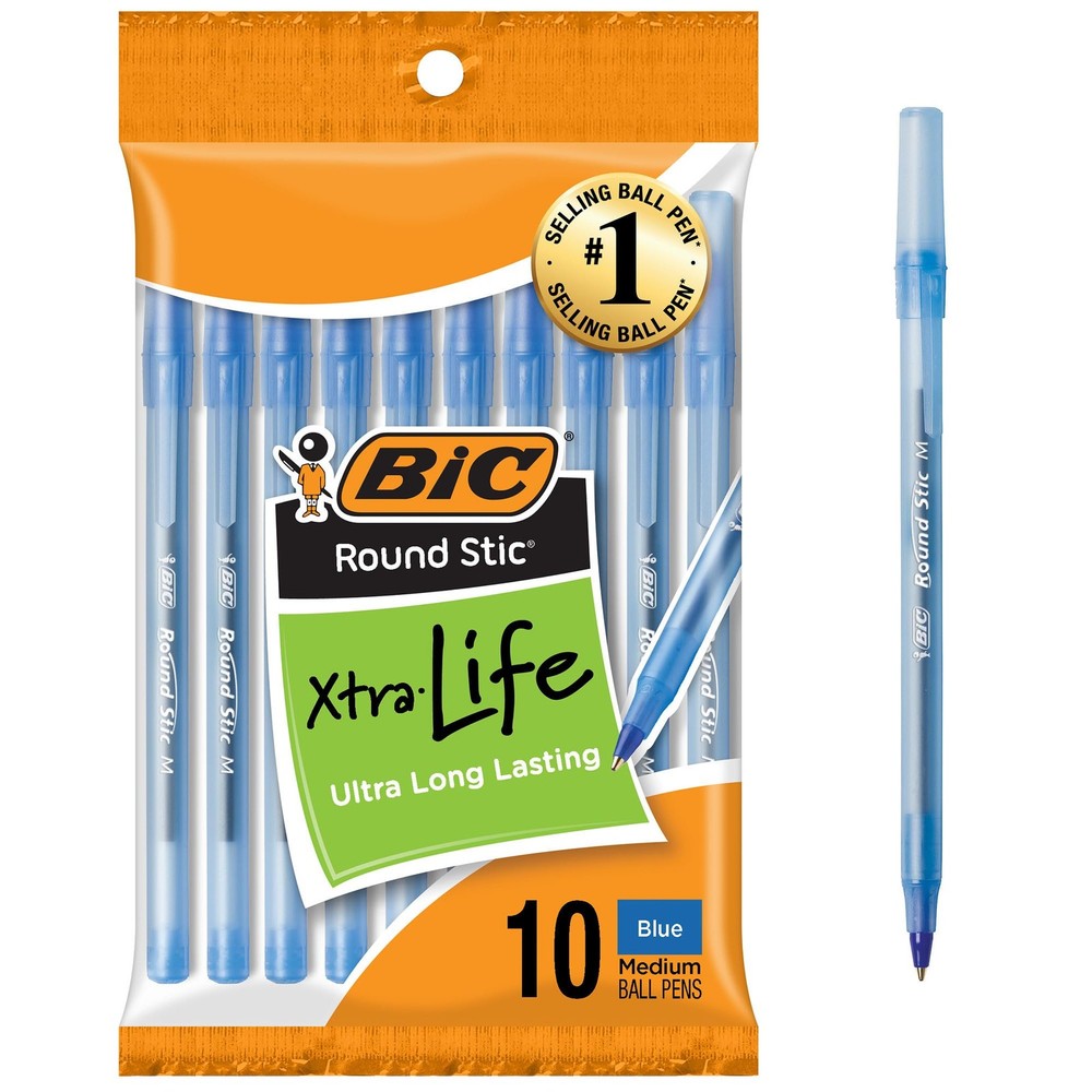 Bic Round Stic Xtra Life Blue Ballpoint Pens 10 Count Bulk Pack 1.0Mm Medium …