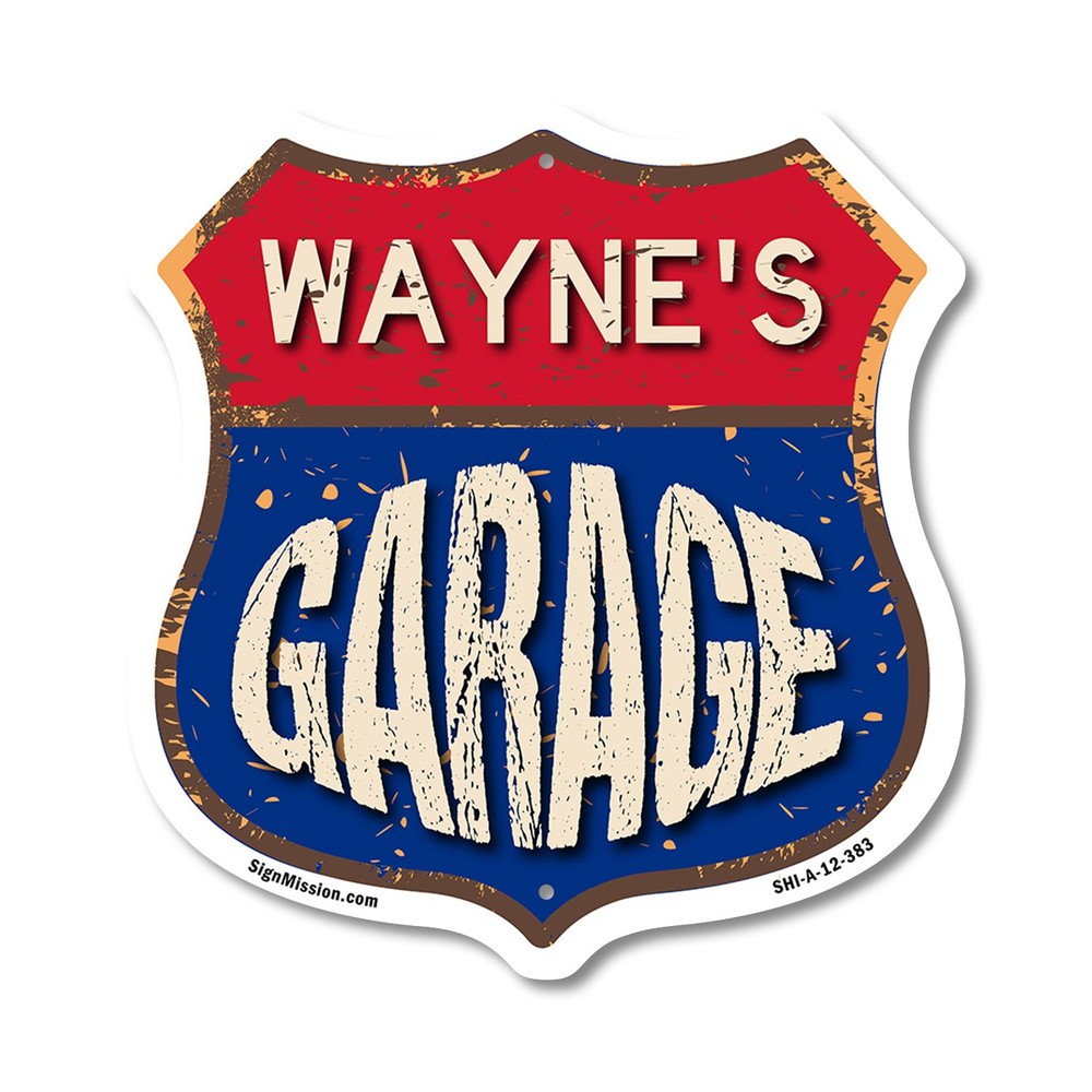 Wayne’s Garage Shield Shaped Sign Weather Resistant Crafted in the USA