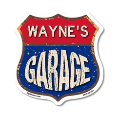 Wayne’s Garage Shield Shaped Sign Weather Resistant Crafted in the USA