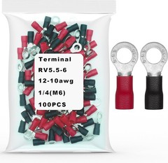 100Pcs 1/4 M6 Ring Terminals, AWG 12 10 Insulated Electrical Crimp Terminals