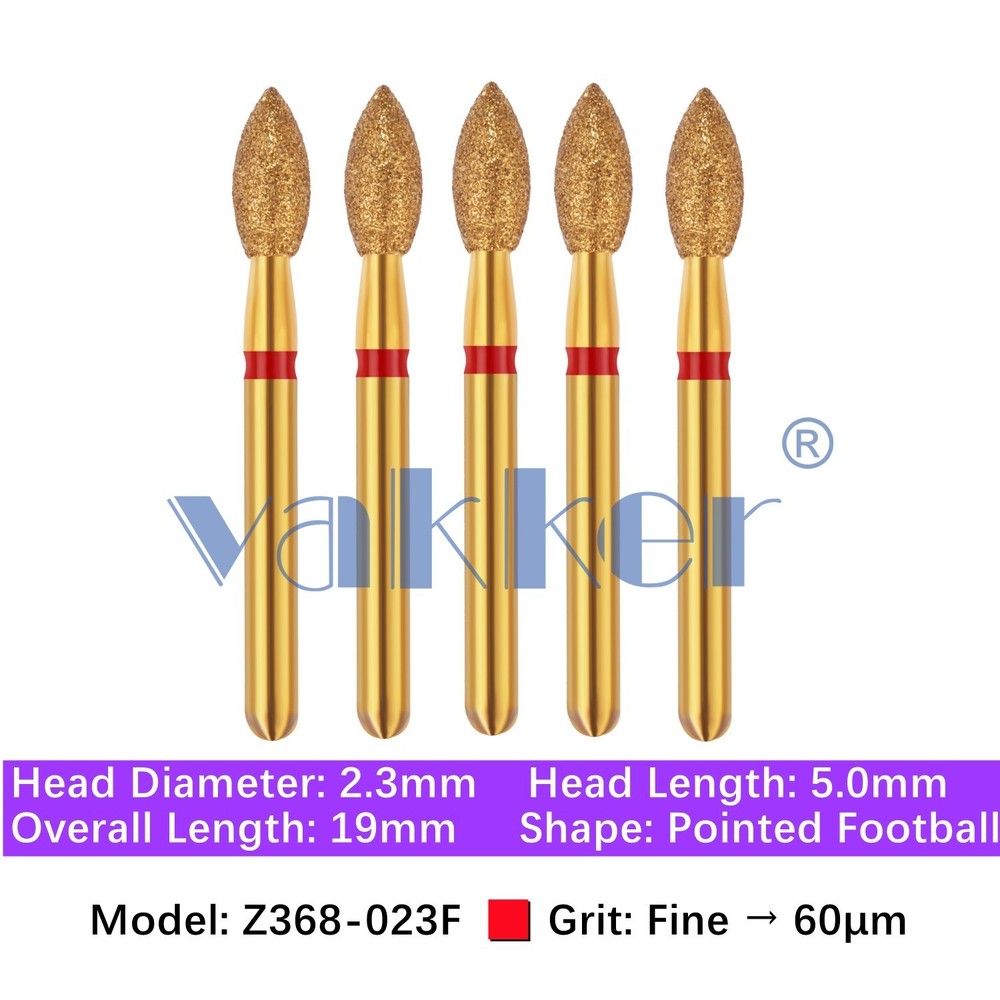 5/pk Dental Zirconia FG Diamond Burs & Holder Z368-023F Fine Pointed Football
