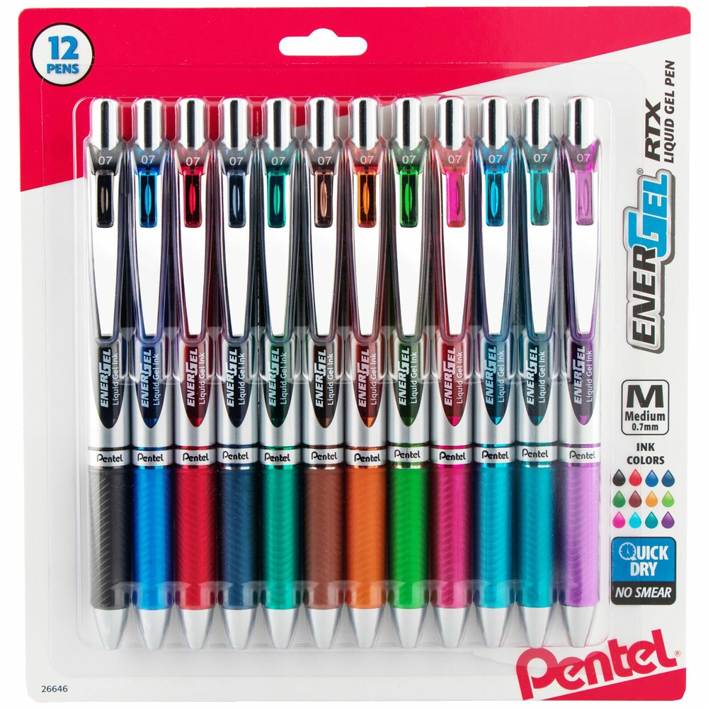 Pentel EnerGel 0.7 RTX BL77BP12M 26646 Retractable Liquid Gel Pens, 12 Color Set