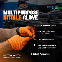 Herkules Grip Heavy Duty 8Mil Orange Nitrile Gloves,3D Raised Diamond Texture…