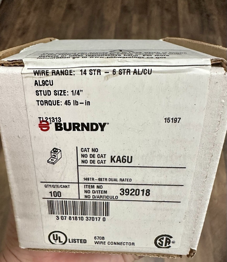 Box Of Qty100 Burndy KA6U Dual Rated Aluminum Mechanical One Hole Lugs #6-14 AWG