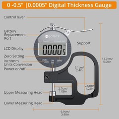 Neoteck Digital Thickness Gauge 0.5in 12.7mm 0.01mm LCD Inch/MM for Leather