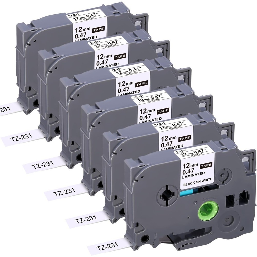 6 Packs Label Tape for Brother TZe-231 TZ-231,Black on White, 0.47″ x 26.2′