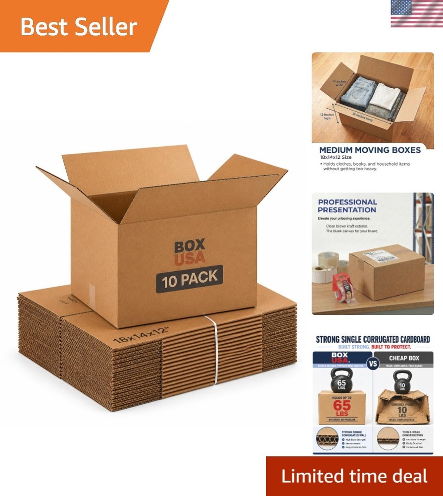 Moving Boxes Medium Holds 65lbs, 18″L x 14″W x 12″H 10-Pack | Corrugated Card…