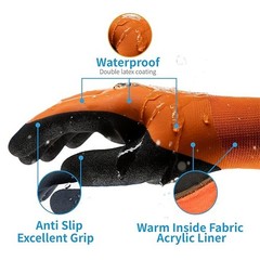 2 PAIR ORANGE Coated Waterproof Thermal Insulated Warm Winter WORK GLOVES S-2XL
