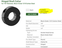 7/8” Hinged Clamp Shaft Collar 2 Piece Clamp-On Blck Oxide 1.875″ OD .5″ W [D3S4
