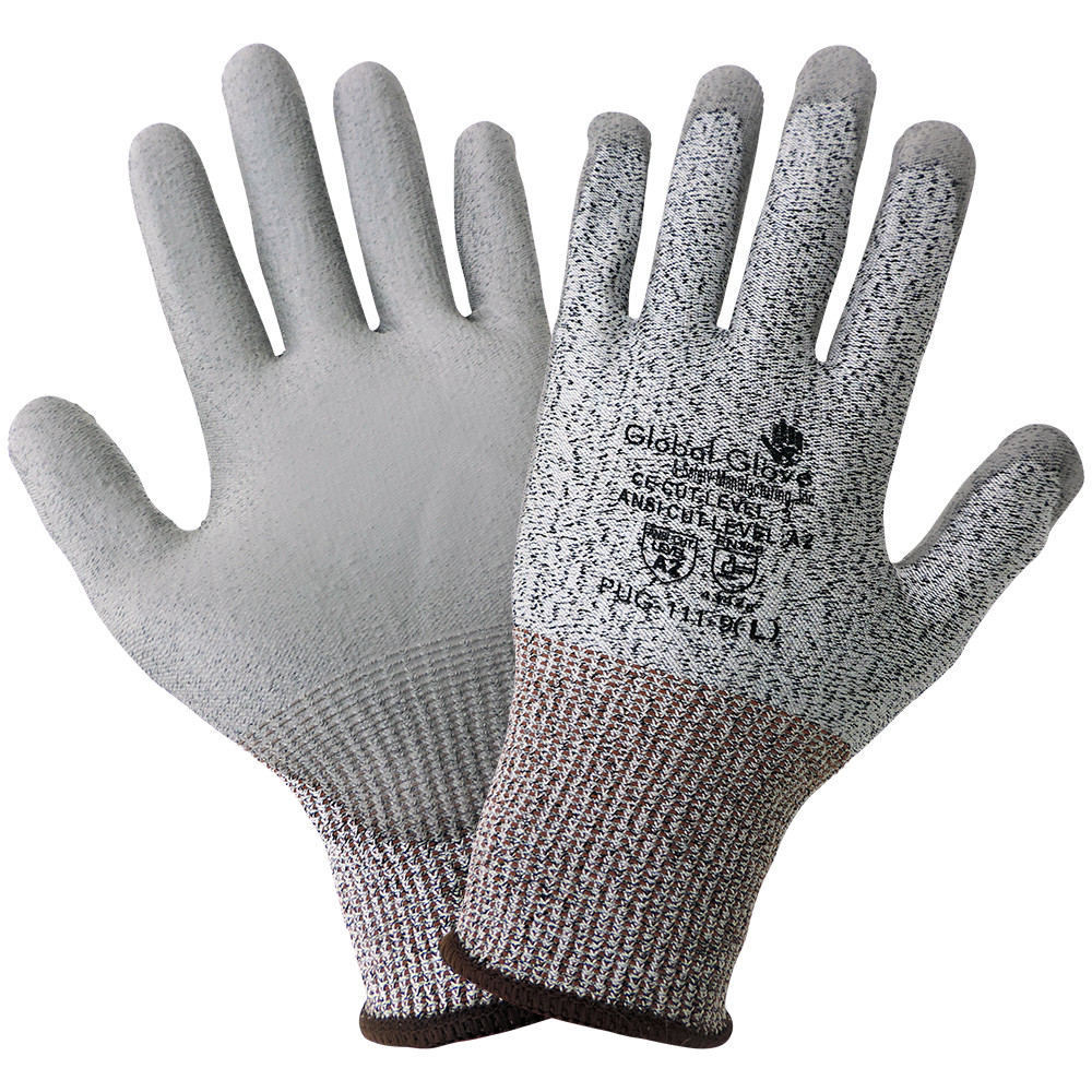 Global Glove PUG-111 Cut Resistant Level A2 Work Gloves Grey PU Palm Coated