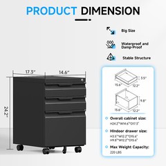 3 Drawer File Cabinet with Lock,Office Under Desk Rolling Filing Cabinet Storage