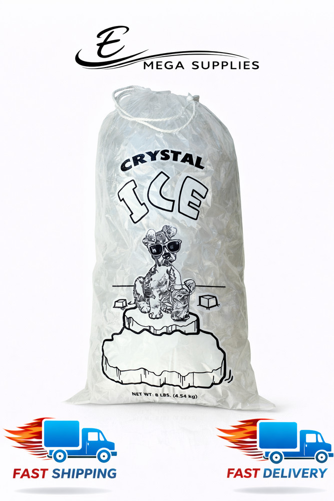 Crystal Clear Plastic Ice Bags with Cotton Draw String, 10 lb., Pack of 100