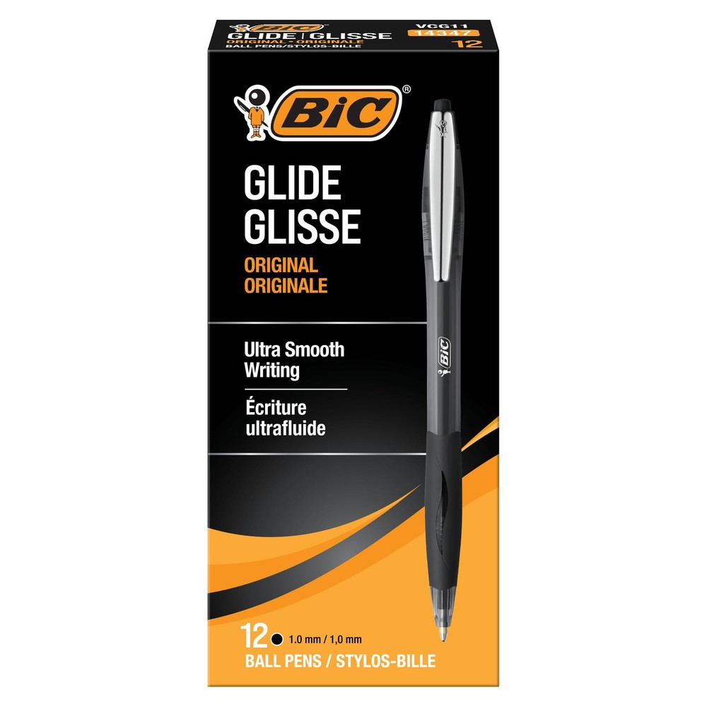 BIC Glide Black Retractable Ballpoint Pens Medium Point 1.0mm 12 Pack Smooth