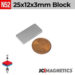 25mm x 12mm x 3mm N52 Super Strong Neodymium Magnet Blocks 25x12x3mm