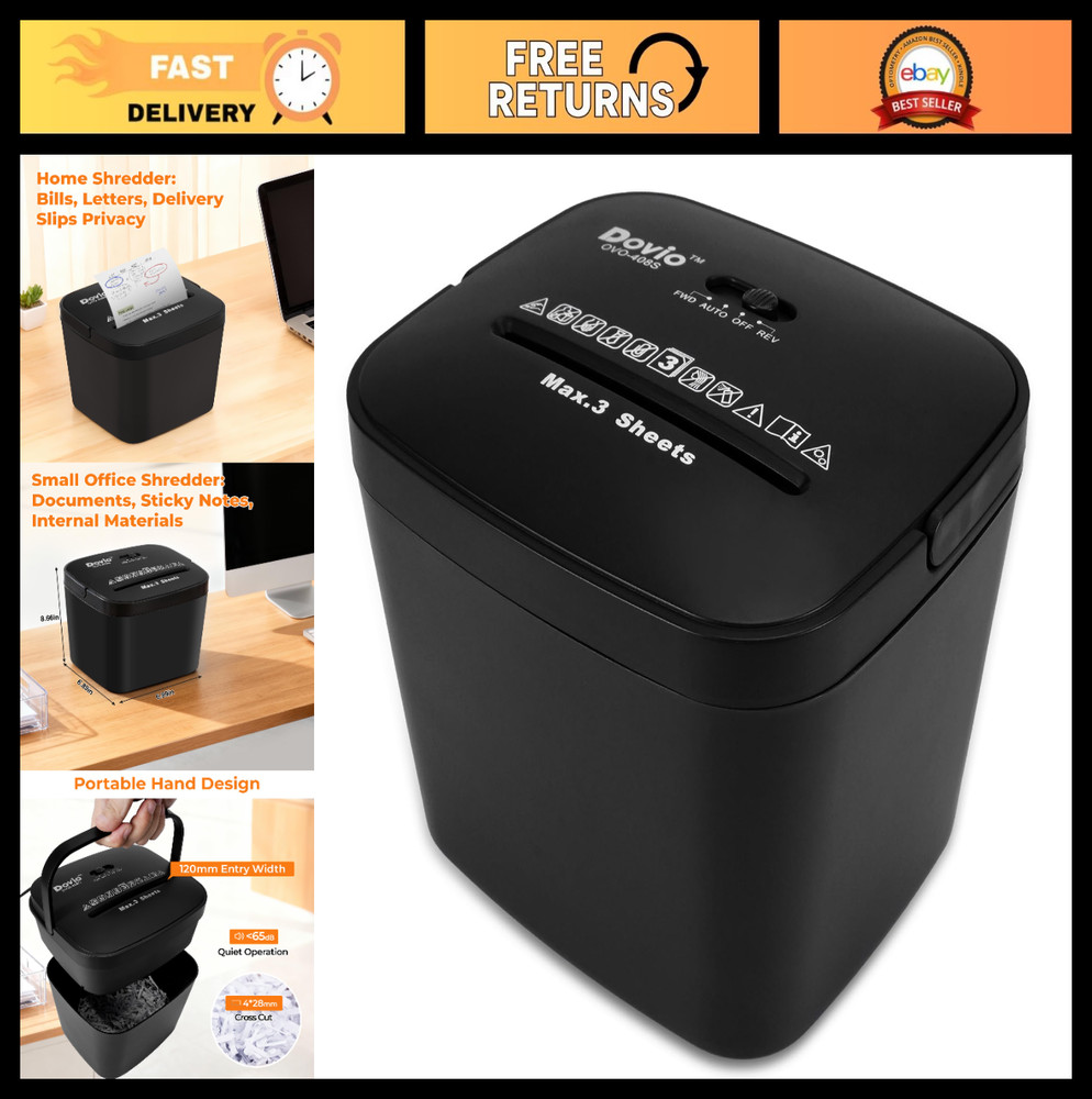 Mini Paper Shredder, Cross Cut, Auto Start/Stop, 3-Sheet Capacity, Quiet 65dB,