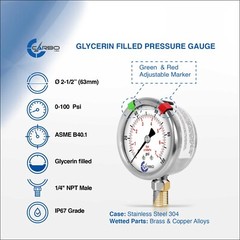 2-1/2″ Pressure Gauge, Stainless Steel Case, Liquid Filled, Lower Mnt 100 PSI