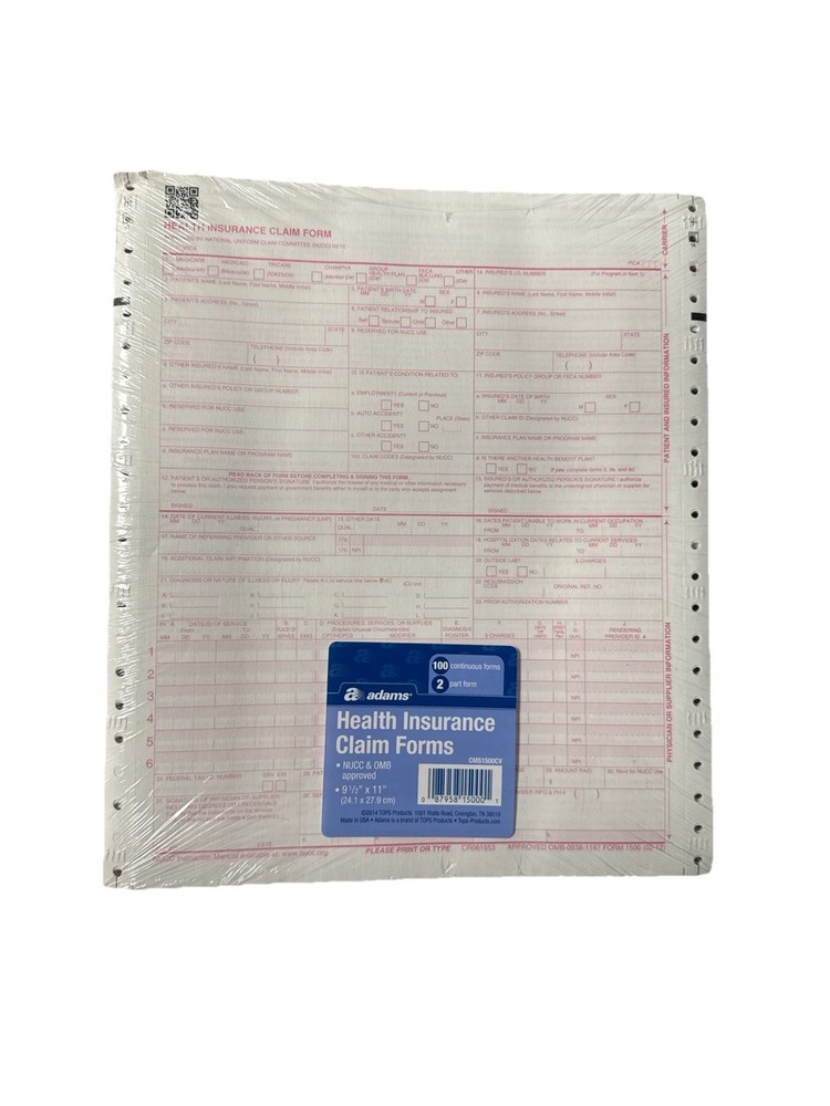 Adams Health Insurance Claim Forms – 100 Continuous Forms – 9.5” x 11” – CMS1500