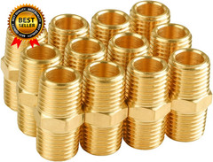 12-Pack 1/4 Inch Male Hex Nipples 1/4” NPT Male Brass Pipe Fitting Adapters