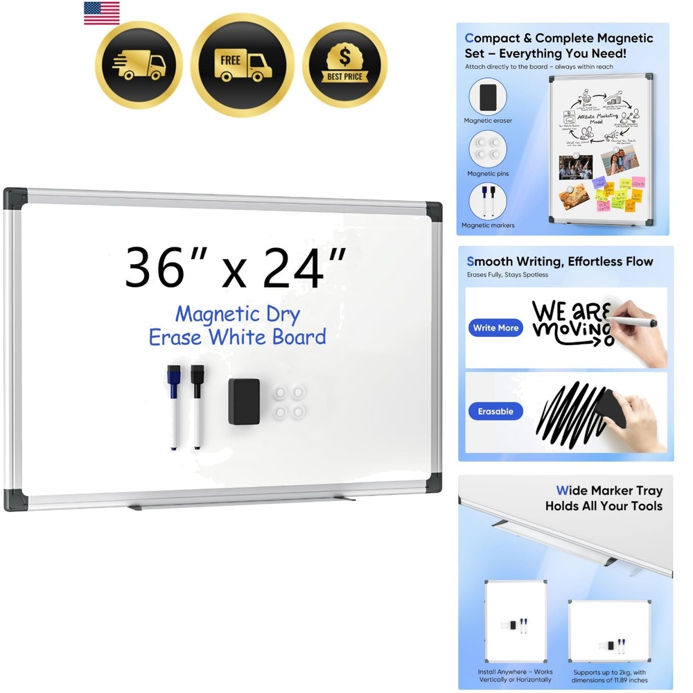 36″ x 24″ Magnetic Whiteboard for Wall, Dry Erase Board with Silver Aluminum …