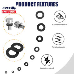 900-Piece Nylon Flat Washer Assortment Kit Black Plastic Flat Washers for Bolts