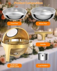 Gold Round Roll-Top Chafing Dish Set Commercial Stainless Steel Buffet Warmer