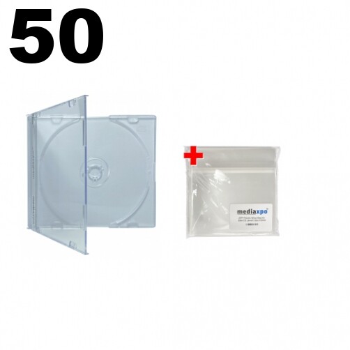 50 SLIM Clear CD Jewel Cases & 100 OPP Plastic Wrap Bag