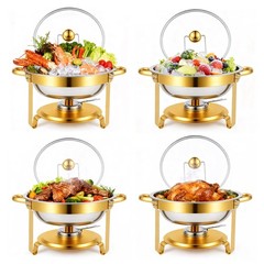 4 PCS 9Qt Round Chafing Dish Buffet Set 316 Stainless Steel Gold W/Glass Lids