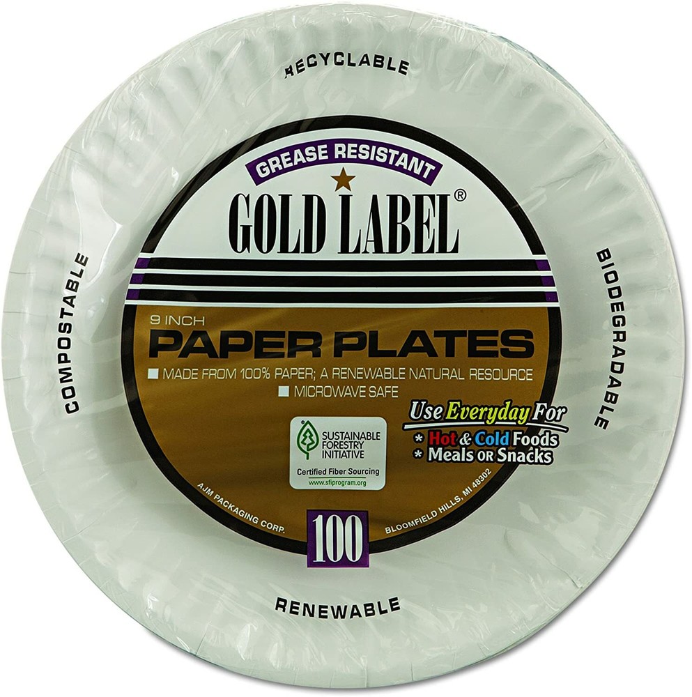 AJM Packaging 9″ Paper Plates CP9GOEWH Gold Label Coated, White, 1000/Case