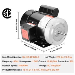 1HP Electric Motor 3450RPM AC115V/230V 56C Frame 1-Phase 5/8″ Keyed Shaft