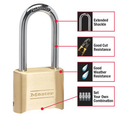 MasterLock Resettable Combination Brass Padlock 2-1/4in LONG Shackle