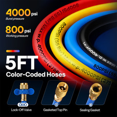 4 Valve HVAC Manifold Gauge Set R410A R454B R32 R22 AC Gauges w/ 5ft Hoses Kit