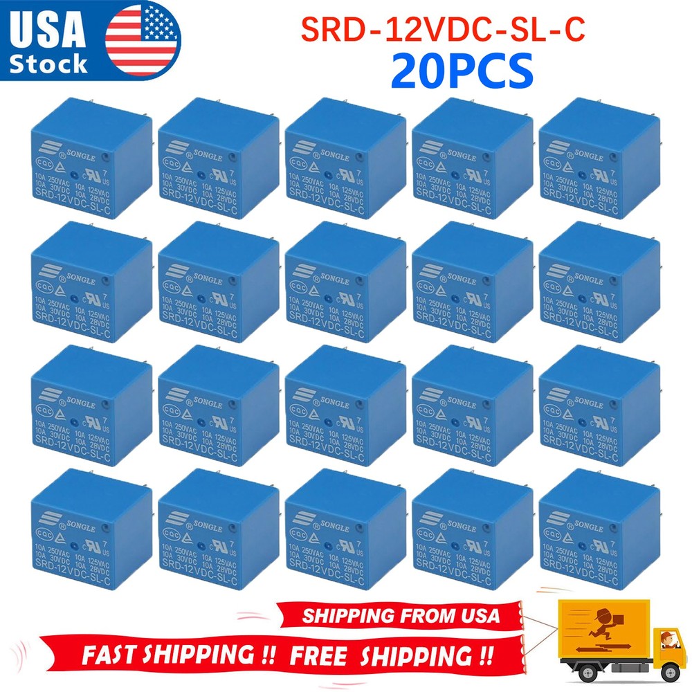 20PCS Power Relay SRD-12VDC-SL-C 10A Coil DC12V SPDT NO + NC PCB 5 Pin Sealed