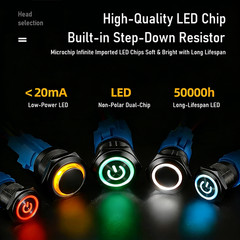22mm SPDT IP65Aluminum Alloy High Head Ring Power Symbol Led Button Power Switch