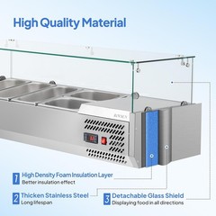 47″ Refrigerated Condiment Prep Station 3 * 1/3 Pan & 2 * 1/4 Pan Glass Shield