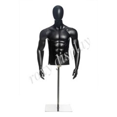 Adult Male Matte Black Plastic Mannequin Torso Egg Head with Base
