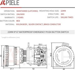 22mm IP67 Waterproof Emergency Stop Push Button Switch 2NC DP Style: LA36-02ZS